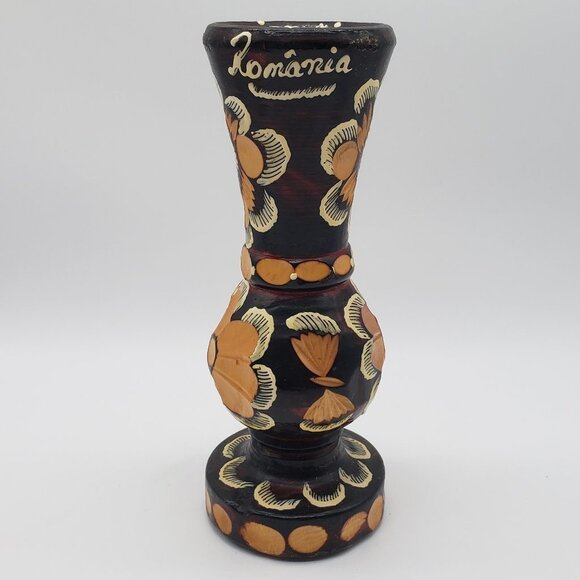 Romanian 2007 Hand Turned Hand Painted Floral Wooden Pedestal Vase - 8.75" - Picture 4 of 7